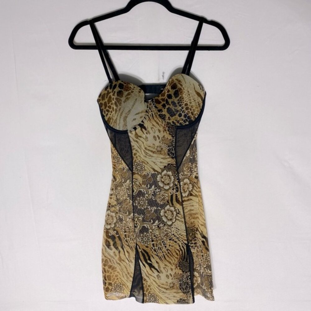 Vintage Y2K Sheer Iridesscent Mesh Animal Print Bodycon Slip Mini Dress M